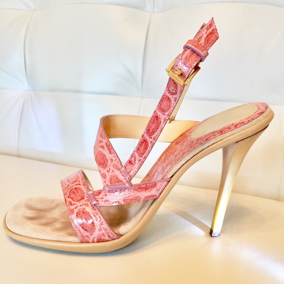 Exotic Leather Coral Pink Strappy Casadei Heels - Picture 1 of 8